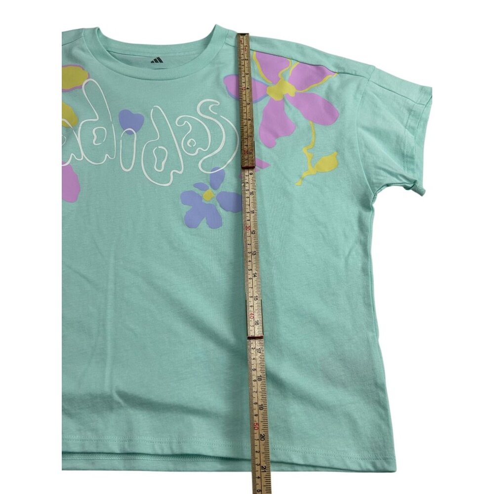 Adidas Girls Loose Fit Aqua T-Shirt With Floral Design 100% Cotton Size L (14) - Picture 6 of 9